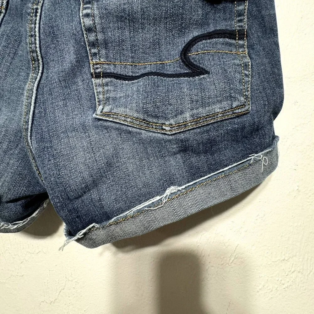 American Eagle Denim Shorts Shortie Dark Blue Jeans Cuffed Cut Off Women sz 2